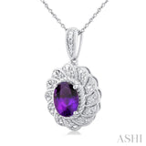 8X6 MM Oval Cut Amethyst and 1/20 Ctw Round Cut Diamond Semi-Precious Pendant With Chain in Sterling Silver