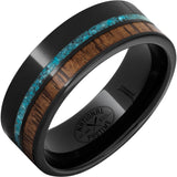 Black Diamond Ceramic Ring with Hickory Vintage Baseball Bat Wood and Turquoise Inlays
