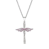 Platinum finish sterling silver micropave angel wings cross with simulated pink sapphire & diamonds on 16 - 18 adjustable