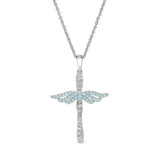 Platinum finish sterling silver micropave angel wings cross with simulated aquamarine & diamonds on 16 - 18 adjustable chain