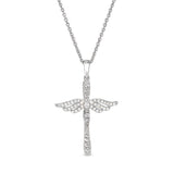 Platinum finish sterling silver micropave angel wings cross with simulated diamonds on 16 - 18 adjustable chain