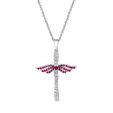 Platinum finish sterling silver micropave angel wings cross with simulated ruby & diamonds on 16 - 18 adjustable chain