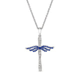 Platinum finish sterling silver micropave angel wings cross with simulated blue sapphire & diamonds on 16 - 18 adjustable