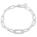 Platinum finish sterling silver micropave 7.5 paper clip bracelet with a single link with simulated diamonds