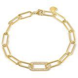 Gold finish sterling silver micropave 7.5 paper clip bracelet with a single link with simulated diamonds
