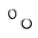 Platinum finish sterling silver micropave double open circle earrings with black enamel and simulated diamonds