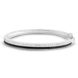 Platinum finish sterling silver micropave hinged bangle bracelet with with black enamel and simulated diamonds
