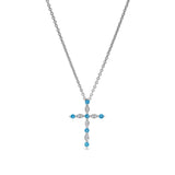 Platinum finish sterling silver simmulated blue topaz cross pendant with simmulated diamonds on 16 - 18 adjustable chain