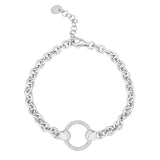 Platinum finish sterling silver micropave cable link bracelet with a central open circle with simulated diamonds adjustable