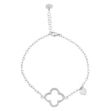 Platinum finish sterling silver micropave cable link bracelet with a central clover with simulated diamonds - adjustable