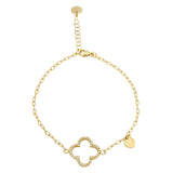 Gold finish sterling silver micropave cable link bracelet with a central clover with simulated diamonds adjustable 7.5 -8.5