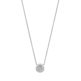 Platinum finish sterling silver micropave round necklace with simulated diamonds on 16 to 18 adjustable chain