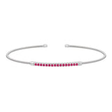 Rhodium finish sterling silver cable cuff bracelet with simulated ruby birth gems - july