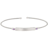 Rhodium finish sterling silver cable cuff bracelet with name plate and simulated amethyst birth gems - february