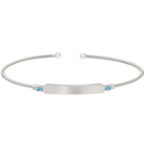 Rhodium finish sterling silver cable cuff bracelet with name plate and simulated aquamarine birth gems - march