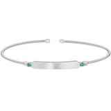 Rhodium finish sterling silver cable cuff bracelet with name plate and simulated emerald birth gems - may