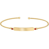 Gold finish sterling silver cable cuff bracelet with name plate and simulated ruby birth gems - july