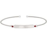 Rhodium finish sterling silver cable cuff bracelet with name plate and simulated ruby birth gems - july