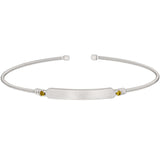 Rhodium finish sterling silver cable cuff bracelet with name plate and simulated peridot birth gems - august