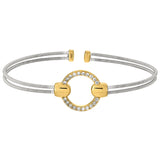 Rhodium finish sterling silver two cable cuff bracelet with gold finish simulated diamond open circle