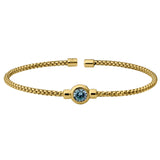 Gold finish sterling silver rounded box link cuff bracelet with bezel set simulated aqua marine birth gem