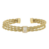 Gold finish sterling silver tightly twisted three cable cuff bracelet with central bar with simulated diamonds