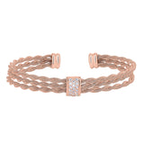 Rose gold finish sterling silver tightly twisted three cable cuff bracelet with central bar with simulated diamonds