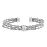 Rhodium finish sterling silver tightly twisted three cable cuff bracelet with central bar with simulated diamonds