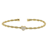 Gold finish sterling silver thin tightly twisted cable cuff bracelet with heart with simulated diamonds