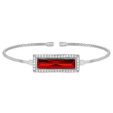 Rhodium finish sterling silver cable cuff bracelet with rectangular simulated garnet stone and simulated diamonds