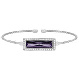 Rhodium finish sterling silver cable cuff bracelet with rectangular simulated amethyst stone and simulated diamonds
