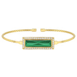 Gold finish sterling silver cable cuff bracelet with rectangular simulated emerald stone and simulated diamonds