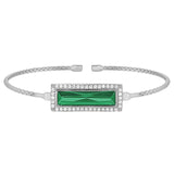 Rhodium finish sterling silver cable cuff bracelet with rectangular simulated emerald stone and simulated diamonds