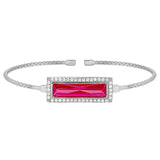 Rhodium finish sterling silver cable cuff bracelet with rectangular simulated ruby stone and simulated diamonds