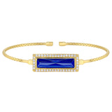 Gold finish sterling silver cable cuff bracelet with rectangular simulated sapphire stone and simulated diamonds
