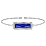 Rhodium finish sterling silver cable cuff bracelet with rectangular simulated sapphire stone and simulated diamonds