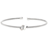 Rhodium Finish Sterling Silver Rounded Box Link Cuff Bracelet with Double Coil Wrap in Center, 1 coil with Simulated Diamond