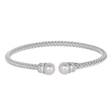 Rhodium Finish Sterling Silver Basketweave Cable Cuff  Bracelet with Rhodium Finish Ends With Simualated Diamonds and a Pear