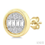 1/5 ctw Petite Bezel Set Round Shape Fusion Baguette and Round Cut Diamond Fashion Stud Earring in 10K Yellow Gold