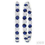 2.9 MM Round Sapphire and 2 5/8 Ctw Round Cut Diamond Inside & Outside Alternating Precious Hoop Earrings in 14K White Gold