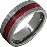 Barrel Aged Rugged Tungsten Ring with Cabernet Wood Inlay and Moon Crater Carving