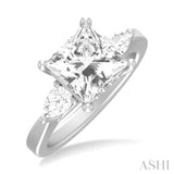 1/2 ctw Tri-Mount Princess Shape Center Pear and Round Cut Diamond Semi Mount Engagement Ring in 14K White Gold