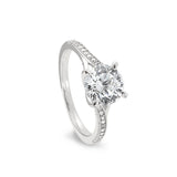 Platinum finish sterling silver micropave split band engagement ring with 100 facet simulated daimond