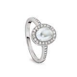 Platinum finish sterling silver micropave cabochon cut pearl ring with simulated diamonds