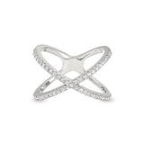 Platinum finish sterling silver micropave criss-cross ring with simulated diamonds