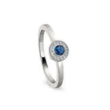 Platinum finish sterling silver micropave round simulated sapphire ring with simulated diamonds size 5