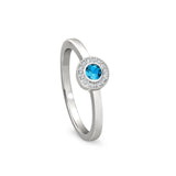 Platinum Finish Sterling Silver Micropave Round Simulated Blue Topaz Ring with Simulated Diamonds Size 8