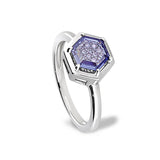 Platinum Finish Sterling Silver Flat Hexagon Synthetic Tanzanite Ring with synthetic Diamonds - Size 7