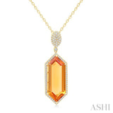 26x10 MM Hexagon Shape Citrine and 1/2 Ctw Round Cut Diamond Halo Semi-Precious Pendant With Chain in 14K Yellow Gold