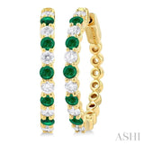 2.7 MM Round Cut Emerald and 7/8 Ctw Round Cut Diamond Precious Hoop Earring in 14K Yellow Gold